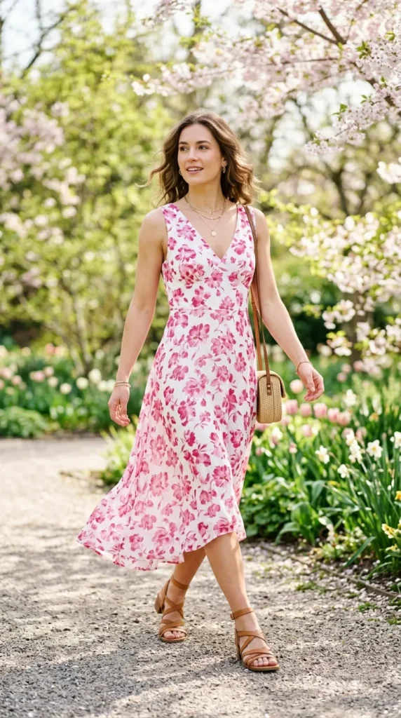 A woman wearing a floral dress and carrying a purse.