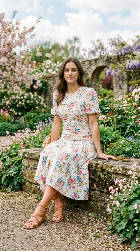 A woman in a floral dress sits on a stone wall.