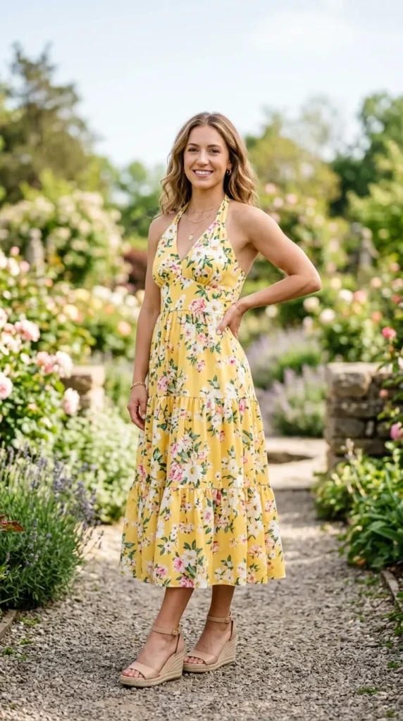 A woman wearing a yellow dress with flowers on it.