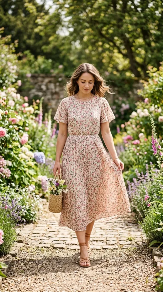 A woman wearing a floral dress and carrying a basket of flowers.