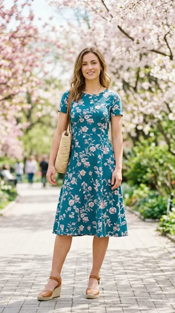 A woman wearing a blue dress with a floral pattern is standing on a sidewalk.