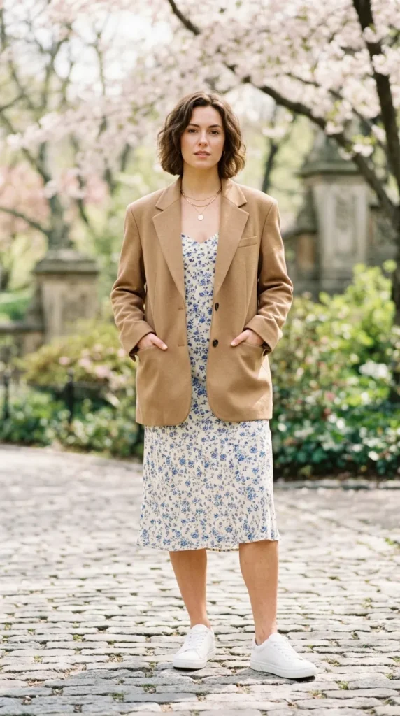 A woman wearing a brown jacket and a blue dress stands in front of a tree.