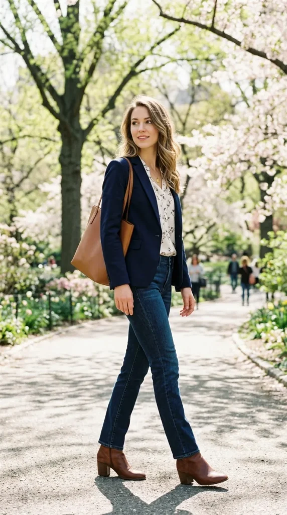 A woman wearing a blue jacket and carrying a brown purse walks down a path.