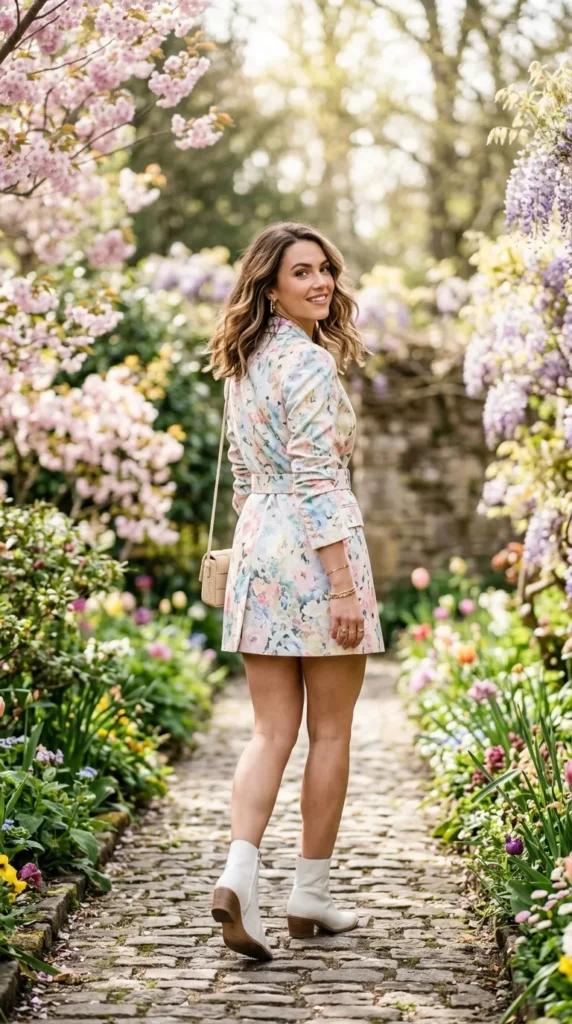 A woman wearing a floral dress and carrying a purse is walking down a path.