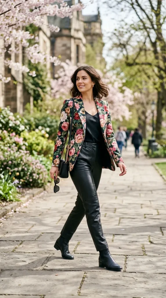 A woman wearing a floral jacket and black pants walks down a sidewalk.