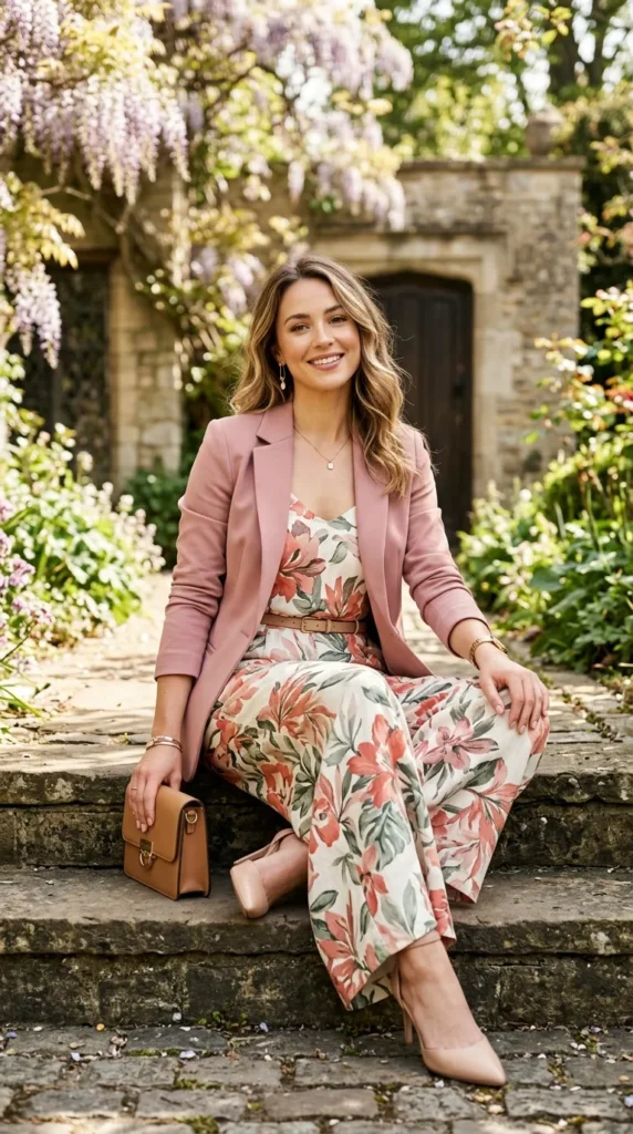 A woman wearing a pink jacket and a floral dress is sitting on a stone bench.