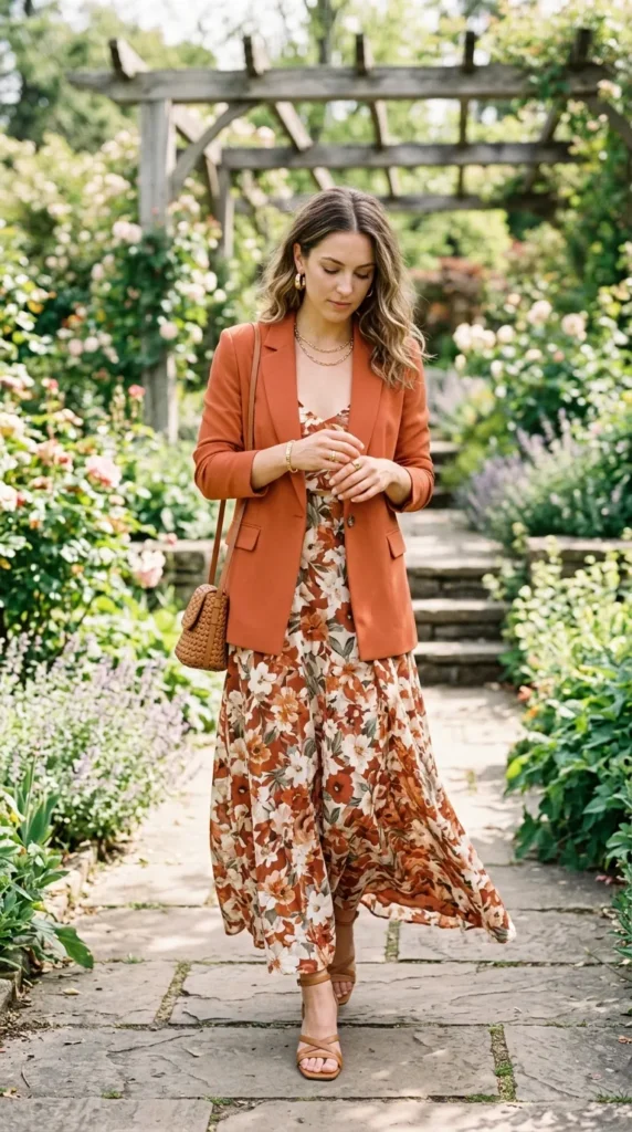 A woman wearing a red jacket and carrying a brown purse walks down a path.
