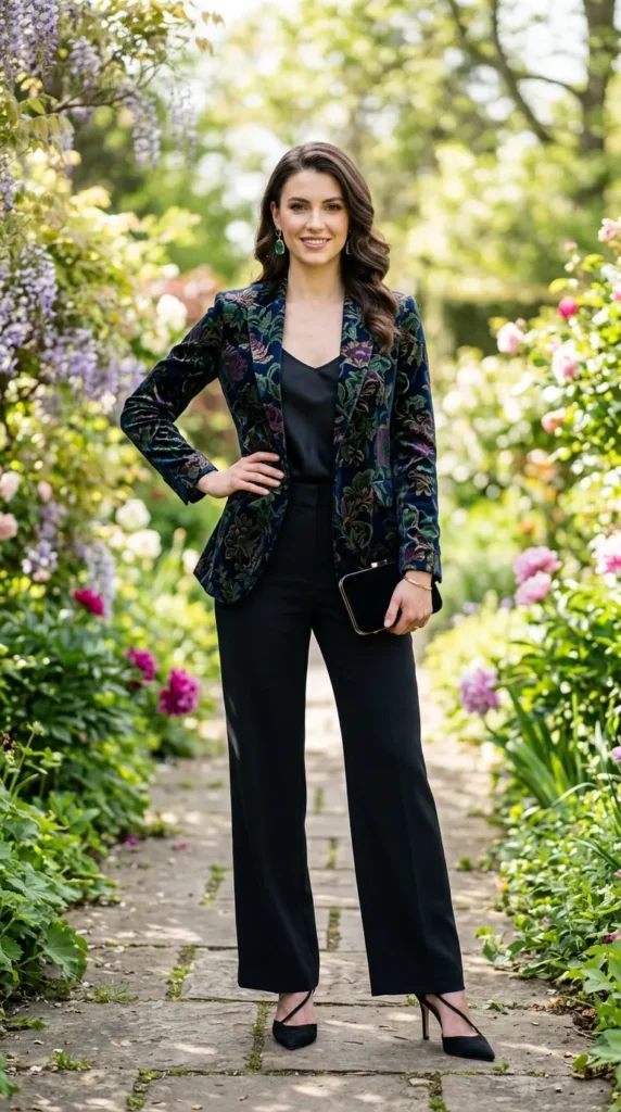 A woman wearing a black jacket and black pants standing on a path.