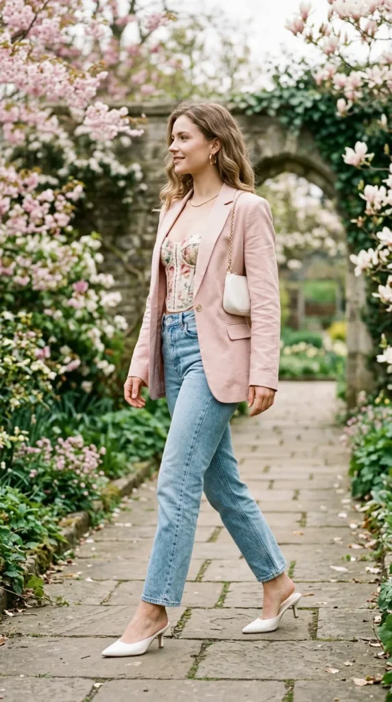 A woman wearing a pink jacket and blue jeans walks down a path.
