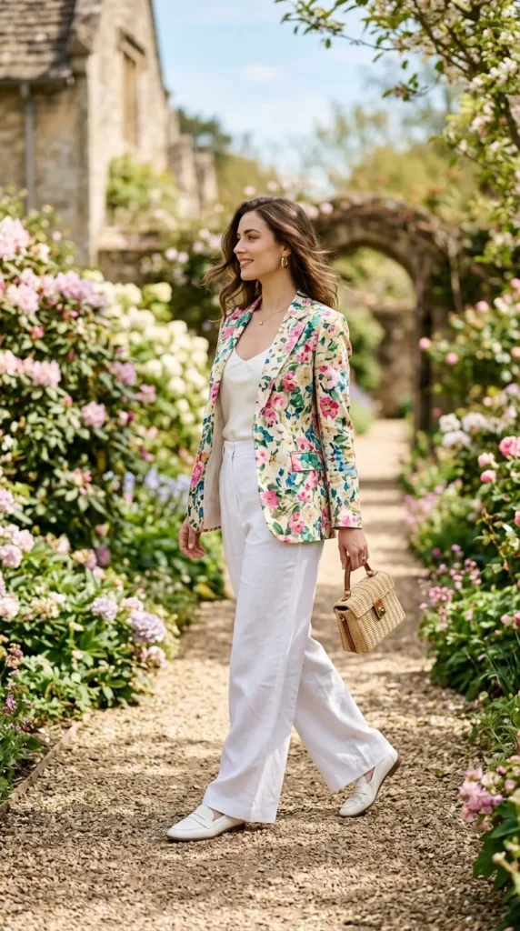 A woman in a floral jacket and white pants walks down a path.