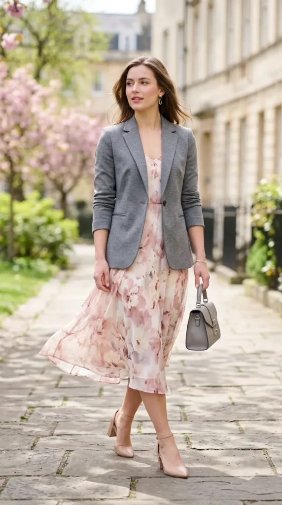 A woman in a floral dress and gray jacket is walking down a sidewalk.