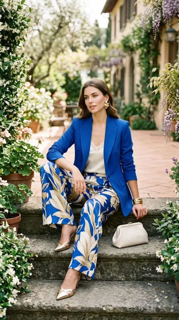 A woman in a blue jacket and yellow pants sits on a step.
