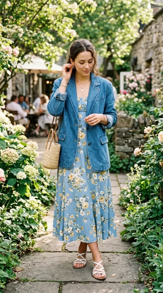 A woman wearing a blue jacket and a floral dress is walking down a path.