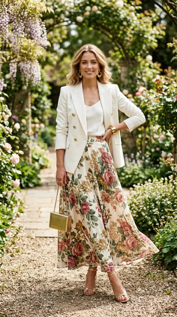 A woman in a floral dress and white jacket is standing in a garden.