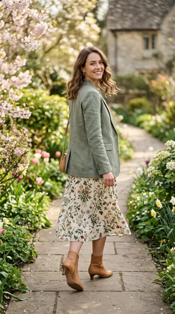 A woman wearing a green jacket and floral skirt is walking down a path.