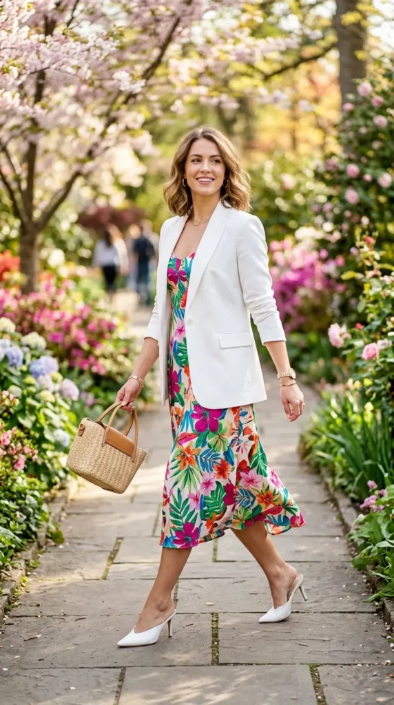 A woman wearing a white jacket and carrying a straw bag walks down a path in a garden.