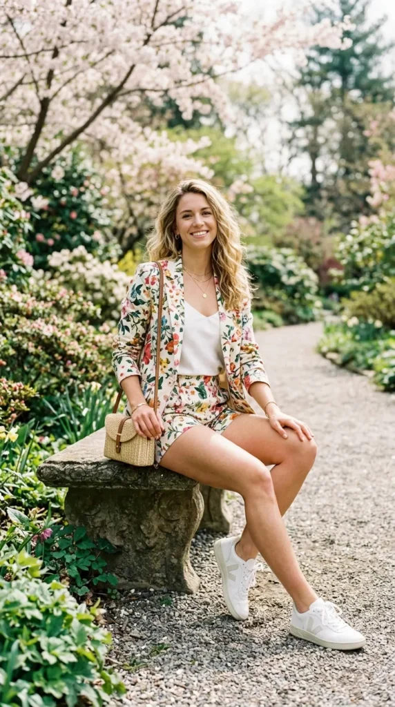 A woman wearing a floral jacket and shorts is sitting on a stone bench.