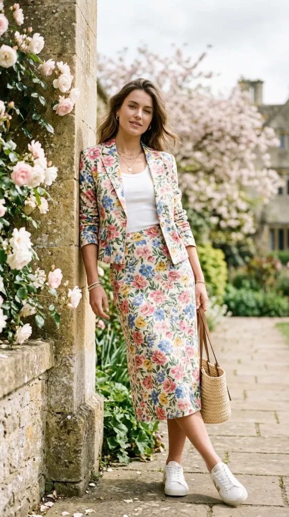 A woman wearing a floral print dress and holding a straw bag.