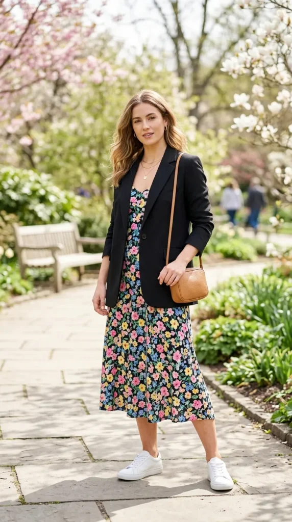 A woman in a floral dress and black jacket is standing on a sidewalk.