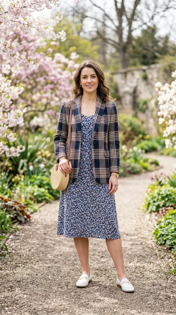 A woman wearing a floral dress and carrying a purse.