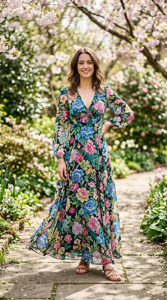 A woman in a floral dress stands in a garden.