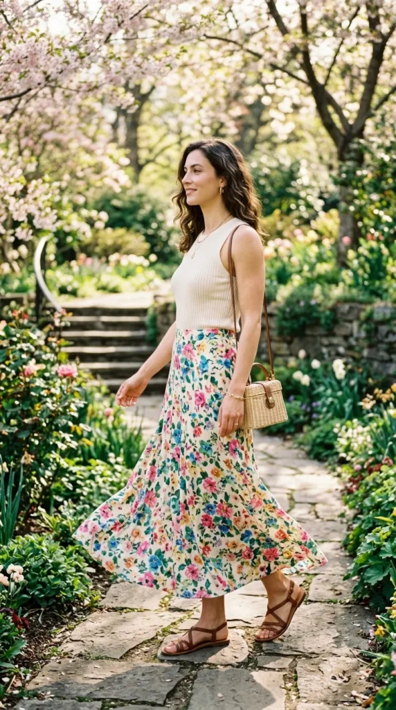 A woman wearing a floral dress and carrying a purse walks down a path.