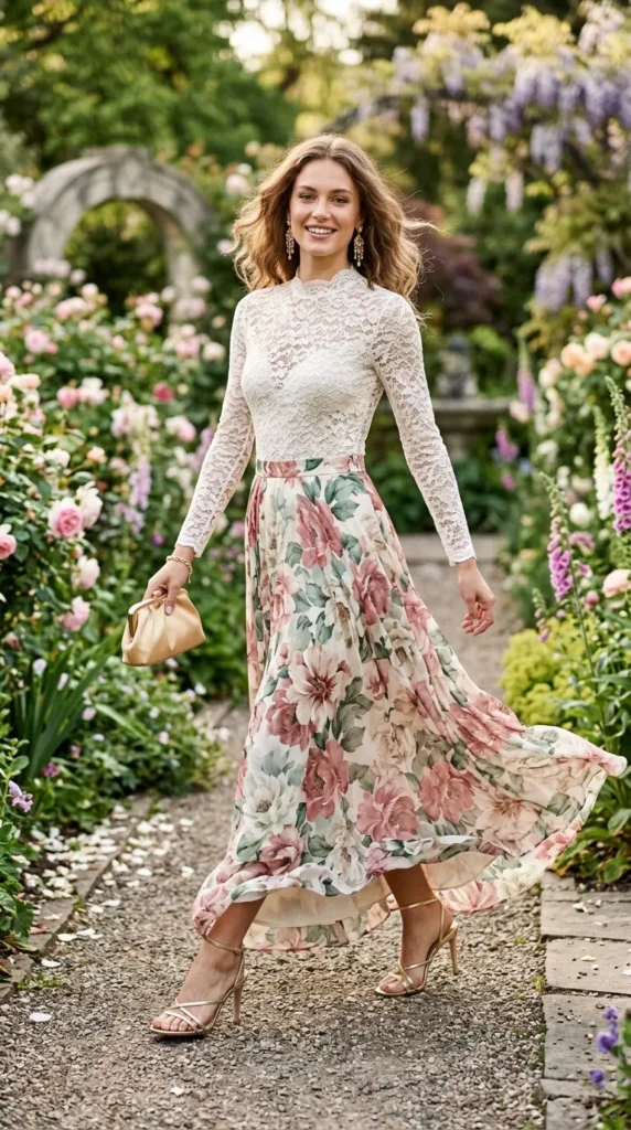 A woman wearing a floral dress and carrying a purse walks through a garden.
