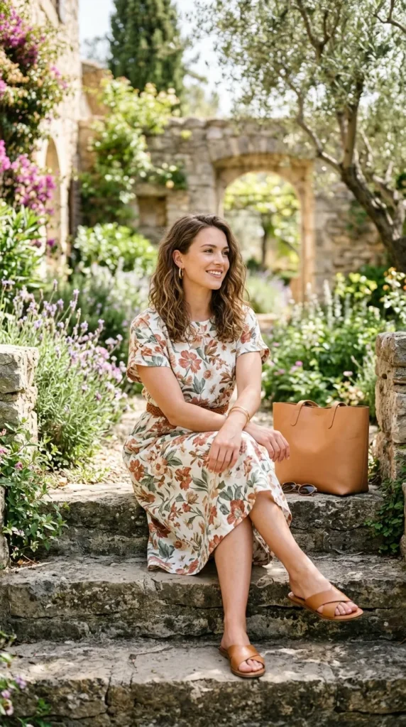 A woman sitting on a stone wall with a floral dress and a brown purse.