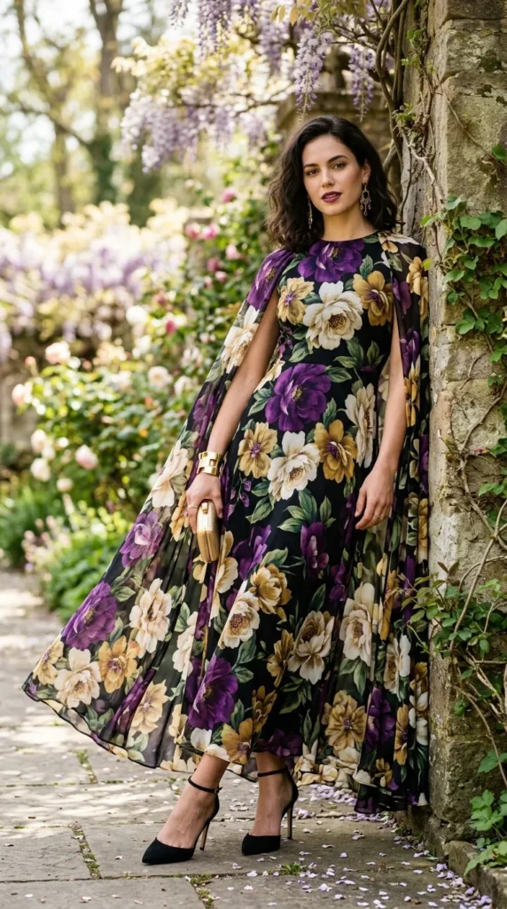 A woman in a floral dress stands in front of a wall.