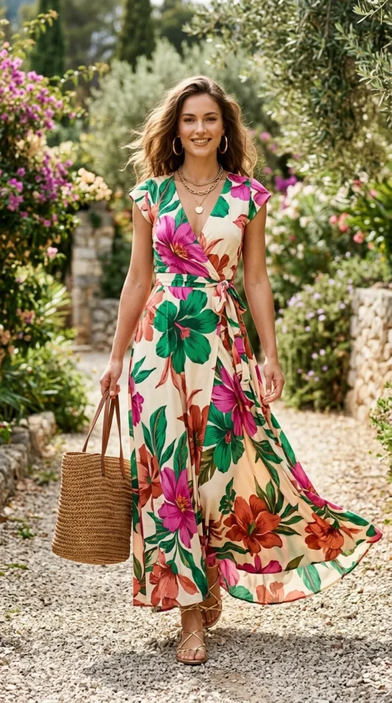 A woman in a floral dress carrying a wicker bag.