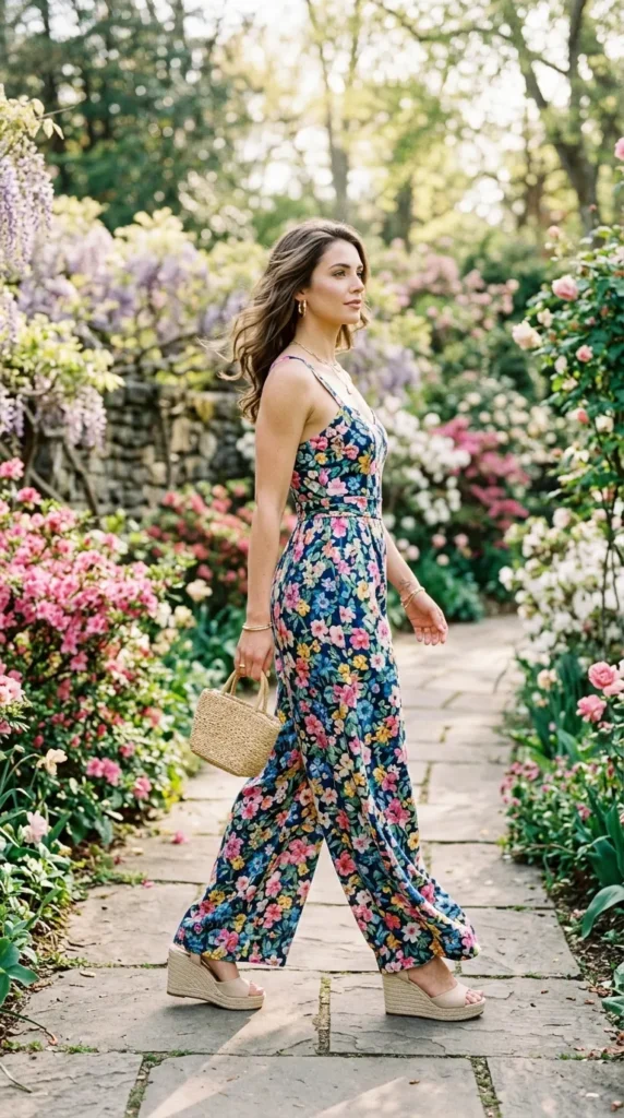 A woman wearing a floral print dress is walking down a path.