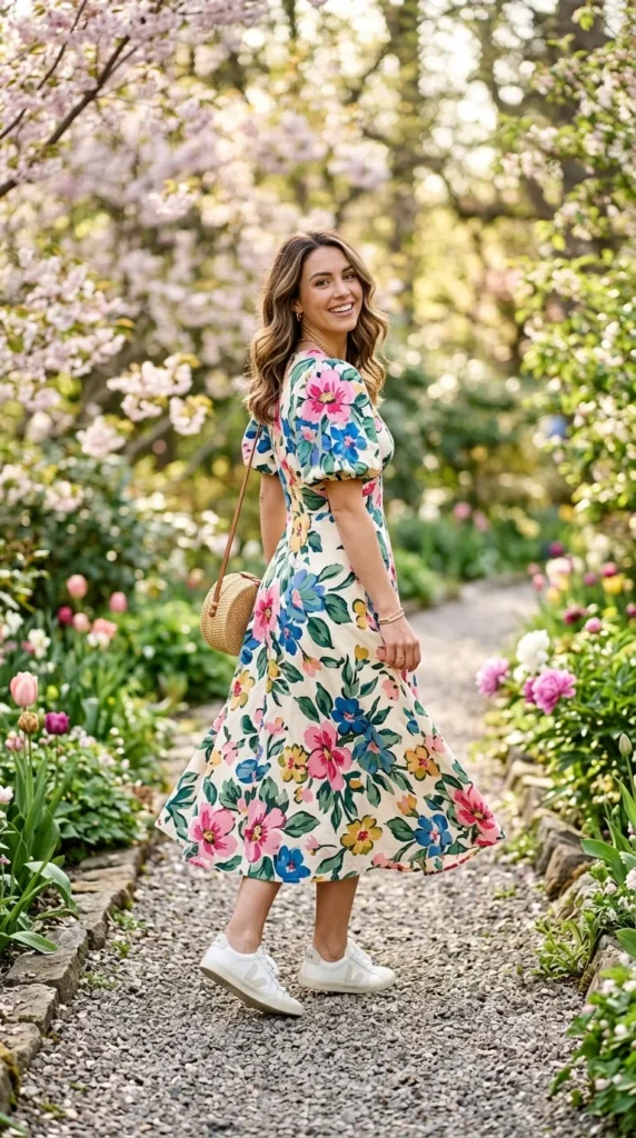 A woman wearing a floral dress and carrying a purse walks down a path.