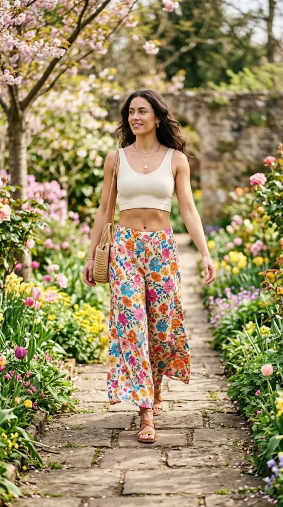 A woman wearing a white tank top and floral pants walks down a path.