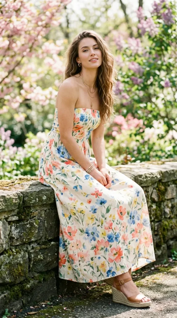 A woman wearing a floral dress is sitting on a stone wall.