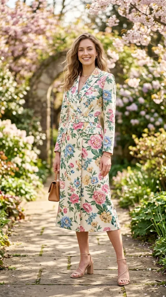 A woman wearing a floral dress and carrying a purse.