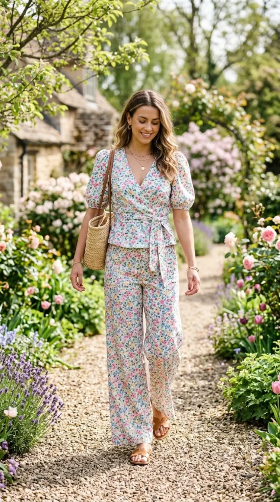 A woman wearing a floral print dress and carrying a purse walks down a path.