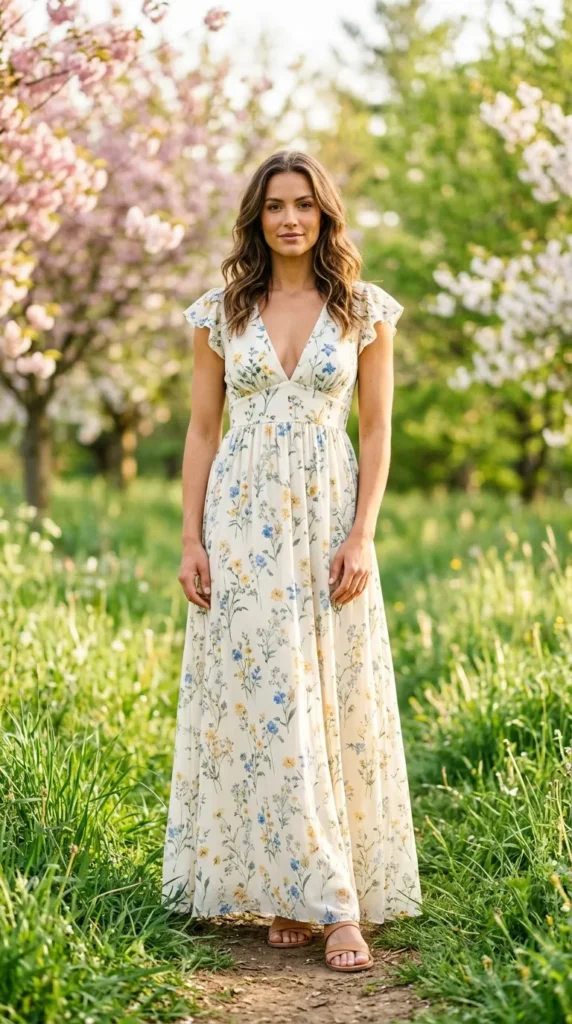 A woman wearing a floral dress stands in a field of flowers.