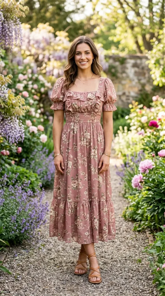 A woman wearing a pink dress with a floral pattern stands in front of a garden.