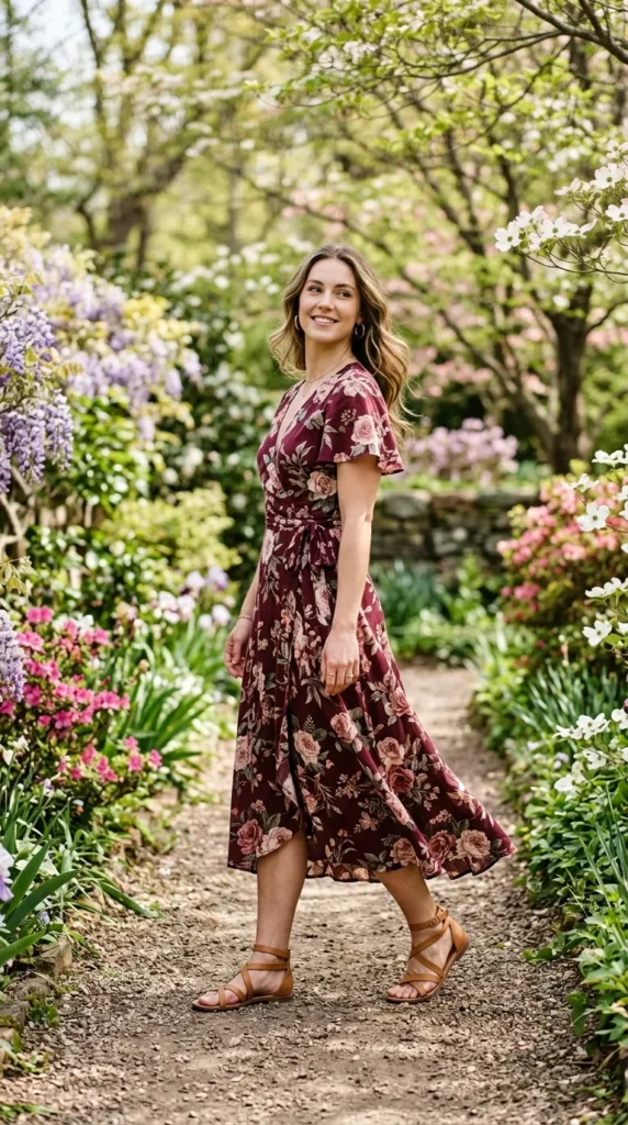 A woman wearing a floral dress and sandals walks through a garden.