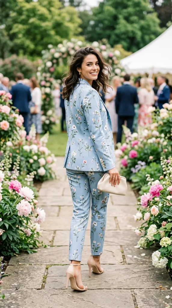 A woman in a blue floral suit and a white purse standing on a path.