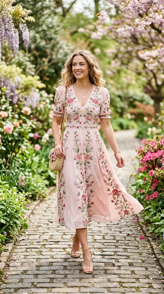 A woman wearing a pink dress with flowers on it.