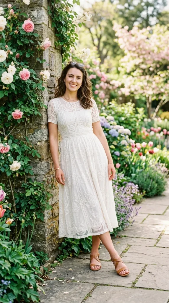 A woman in a white dress stands in front of a brick wall.