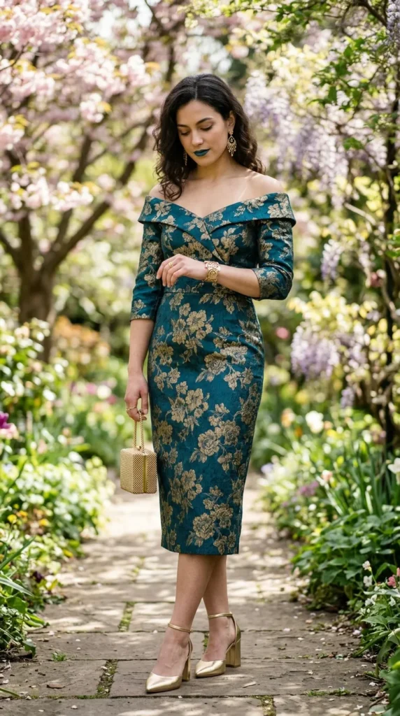 A woman wearing a blue dress and holding a purse.