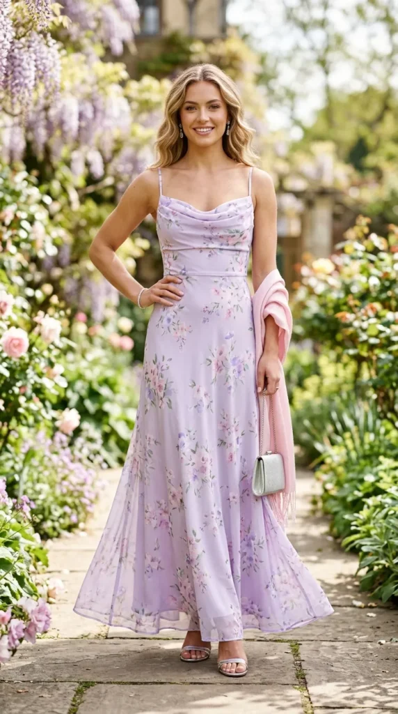 A woman in a purple dress stands in a garden.