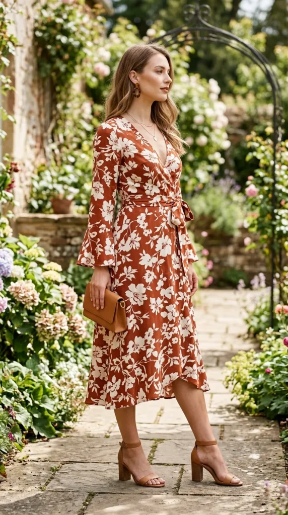 A woman wearing a floral dress and carrying a brown purse.