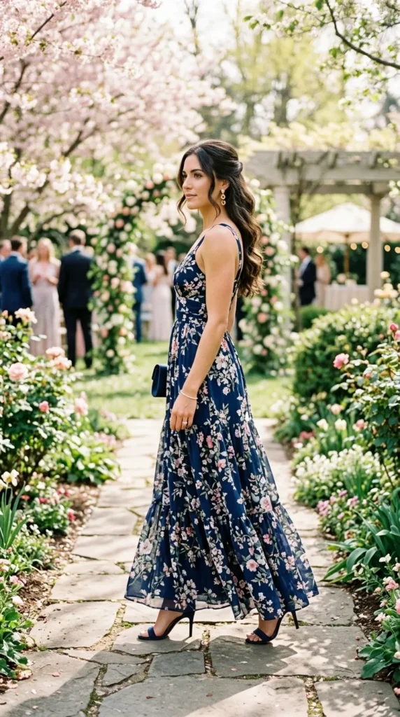 A woman in a blue dress with flowers on it walks down a path.