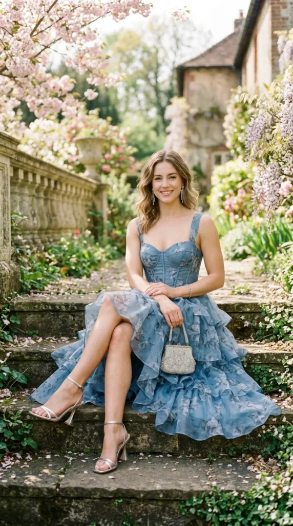 A woman in a blue dress is sitting on a step.