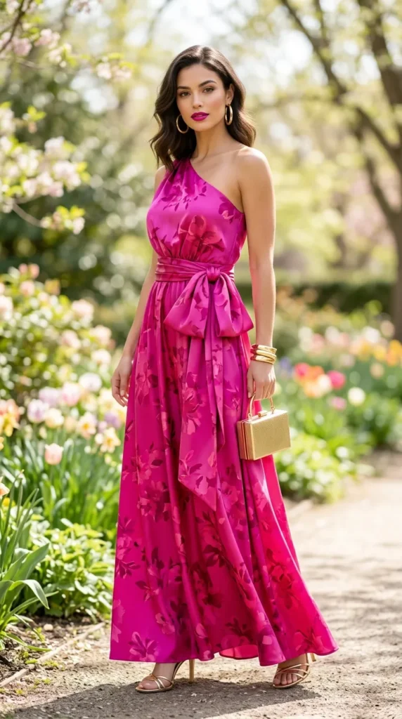 A woman wearing a pink dress with a floral pattern and a gold purse.