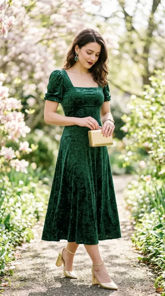 A woman wearing a green dress and holding a gold purse.