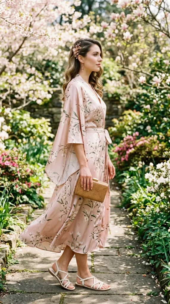 A woman in a flowing pink dress walks down a path in a garden.
